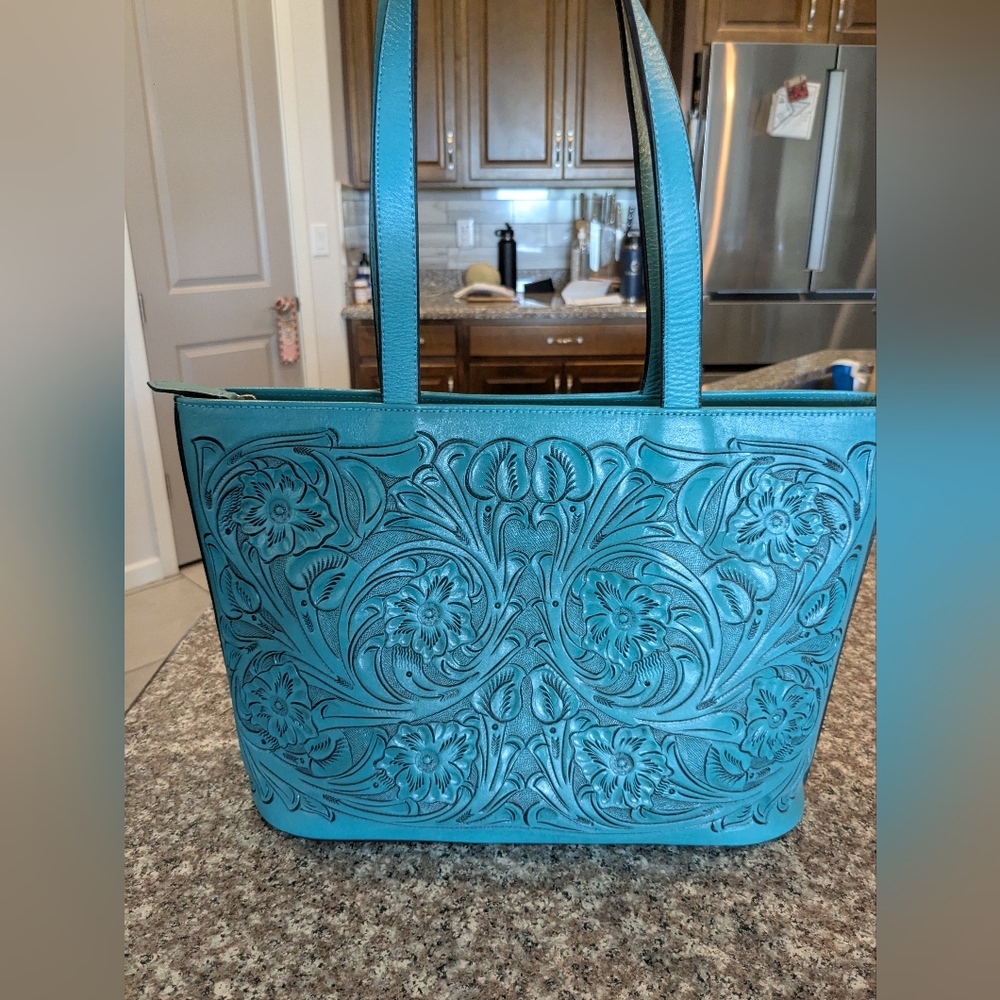 Teal Floral Embossed Tote Bag